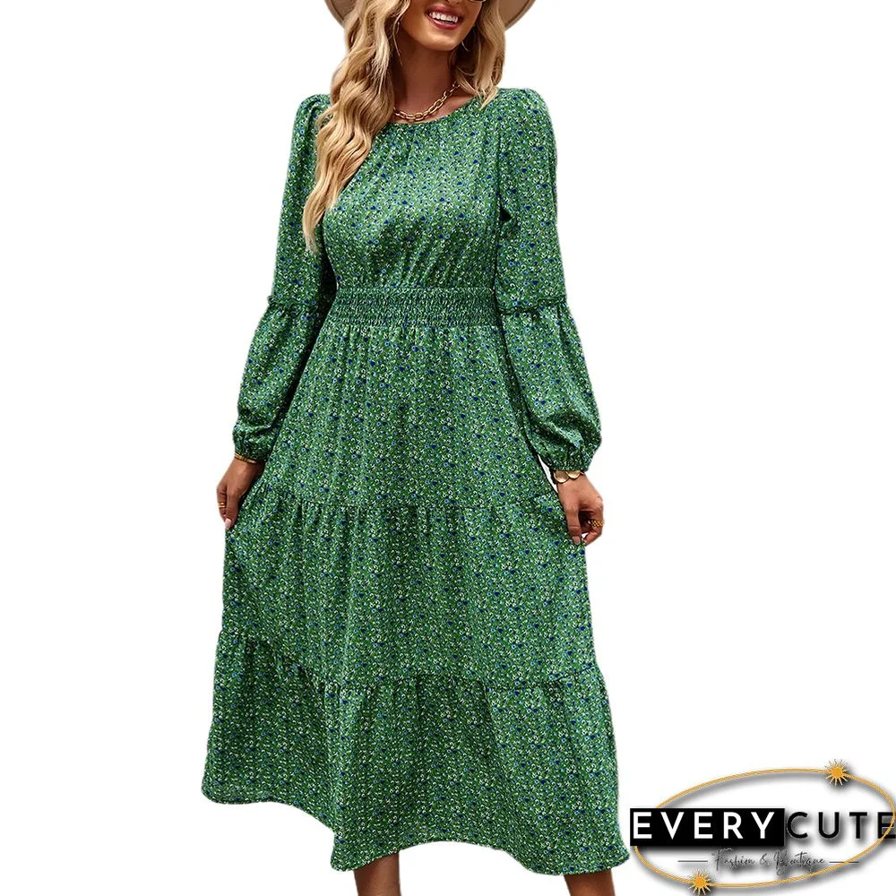Green Ruffle Tiered Long Sleeve Floral Dress