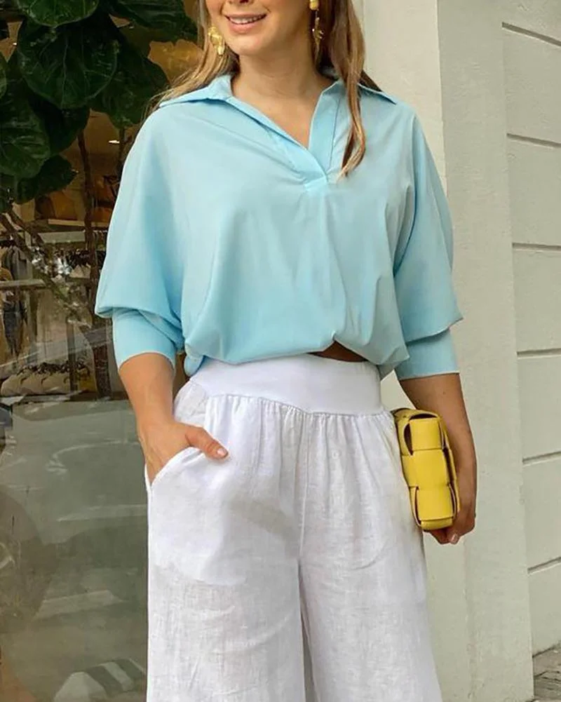 Two-piece set with lapel top & gradient wide-leg pants