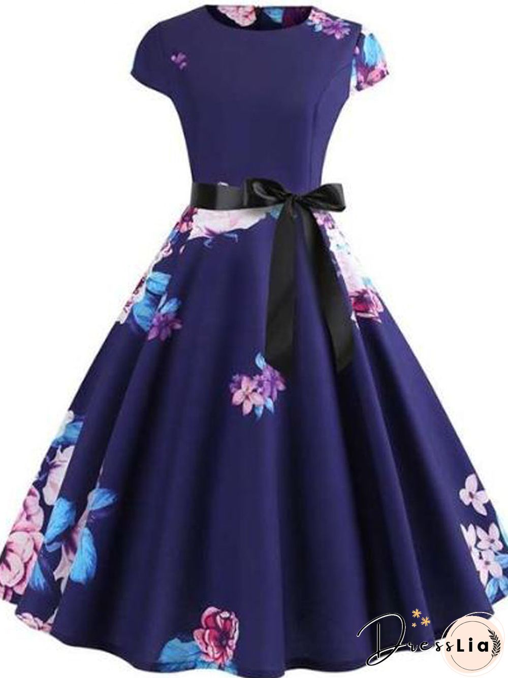 Women Vintage Summer Floral Print Short Sleeve Party Dresses