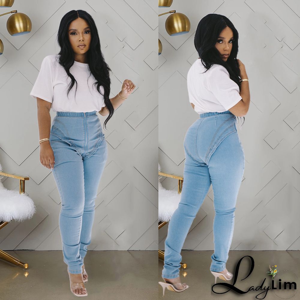 Solid Color Zipper Stretch High-rise Jeans