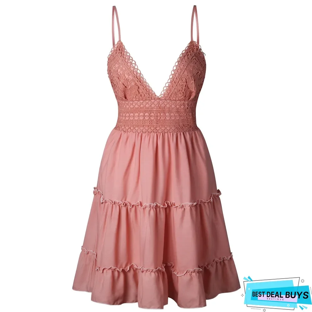 Women Lace Sexy Backless V-Neck Beach Dresses Sleeveless Mini Sundress White Dresses