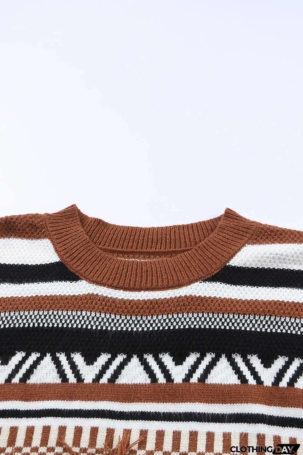 Multicolor Round Neck Striped Sweater with Fringe
