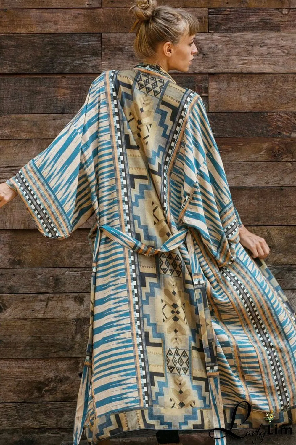 Geometric Printed Belted Long Sleeve Kimono Maxi Cover Up