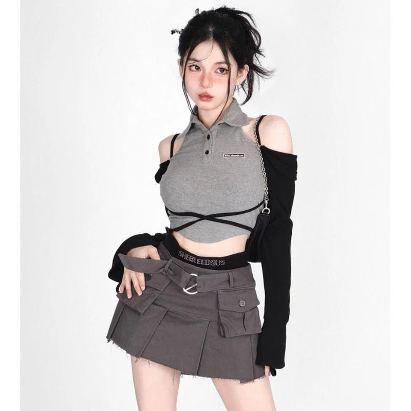 Lourdasprec  Y2K Women Korean Gothic Gyaru Desire 2 Piece Sets Long Sleeve Tops Shirt Mini Sexy Denim Cargo Skirts Suits Matching Set Clothes