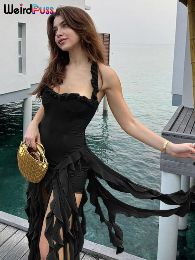 Weird Puss Halter Party Dress Women Backless Chic Irregular Tassel Hem Summer Sexy Birthday Party Split Midnight Club Bodycon