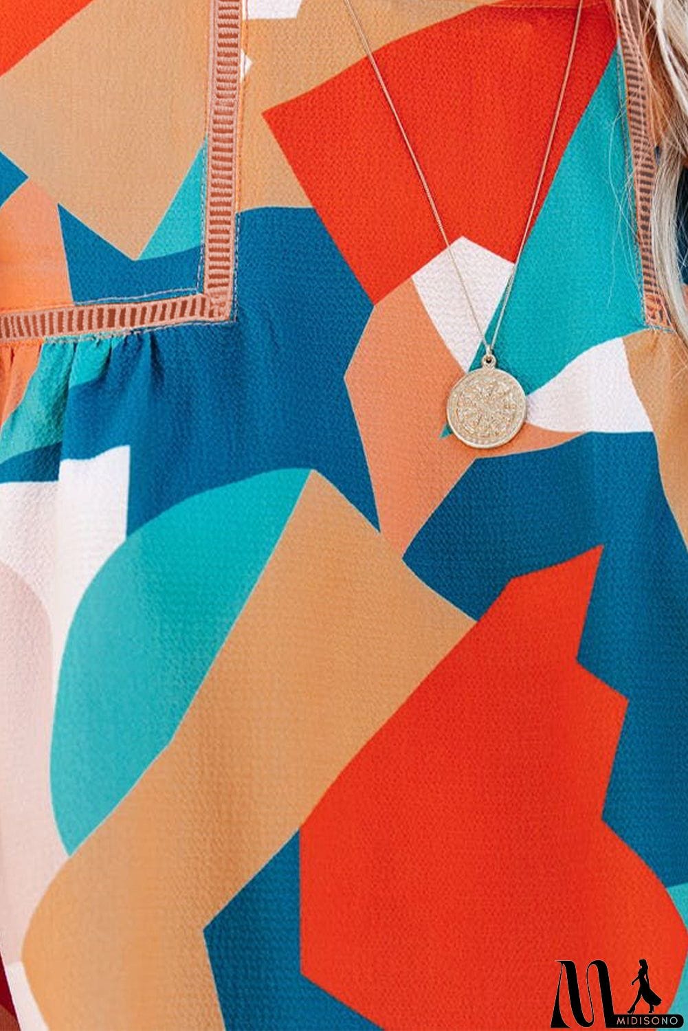 MidiSono - Abstract Pattern Crewneck Ruffled Puff Sleeve Blouse