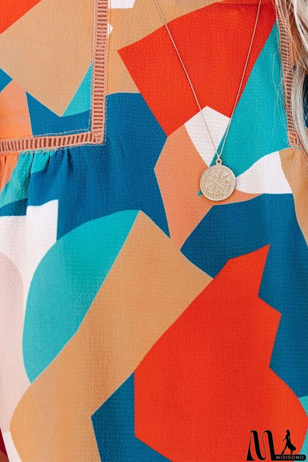 MidiSono - Abstract Pattern Crewneck Ruffled Puff Sleeve Blouse