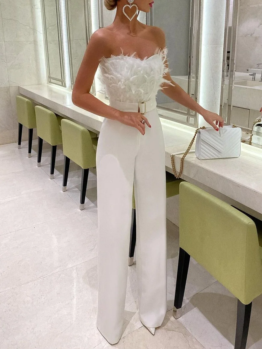 Zachics Elegant off shoulder feather solid   jumpsuit-zachics