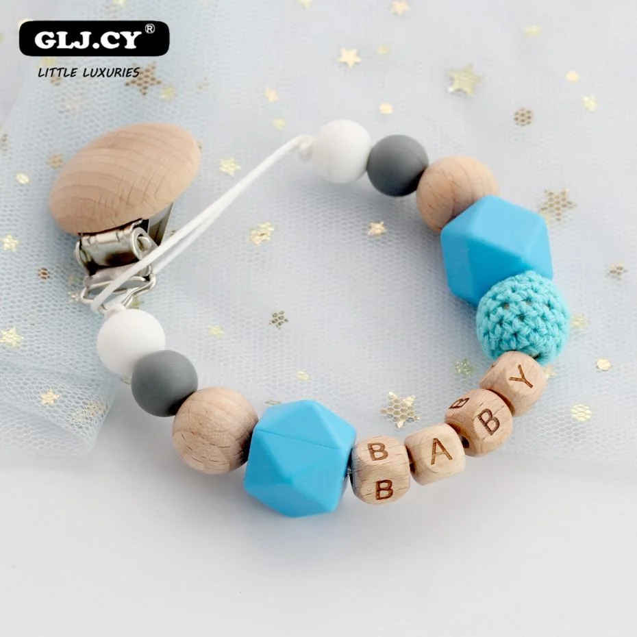 Personalized Name Handmade Silicone Baby Wooden Dummy Pacifier clip Safe Teething Chain Teether Pacifier  chains Holder Chain
