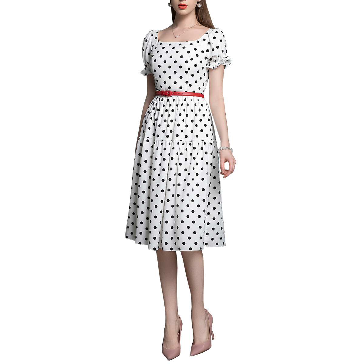 New Women's Square Neck Polka Dot Temperament Vacation Dresses