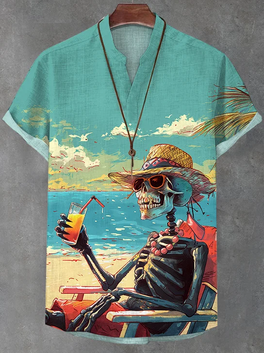 Men's Cool Skull on Vacation Printed V Neck T-Shirt