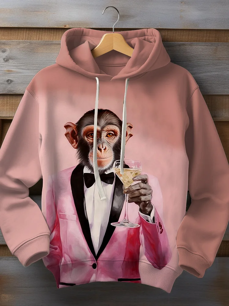 Men's Retro Monkey Gentleman Drink Oil Painting Long Sleeve Hoodie