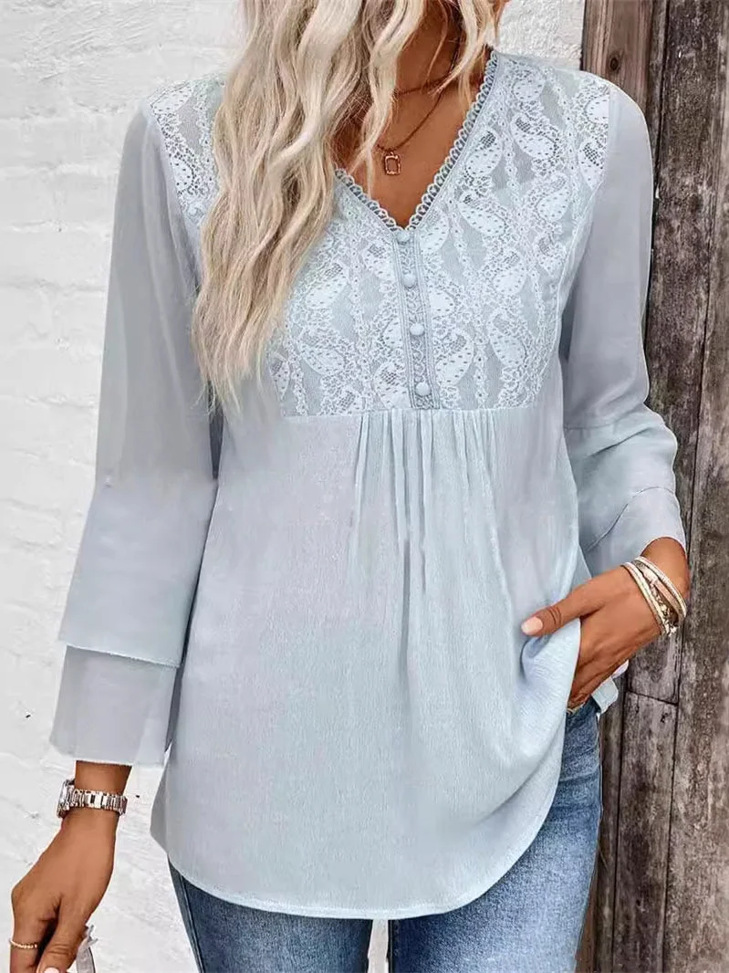 Women's 3/4 Sleeve V-neck Floral Printed Lace Stitching Tops