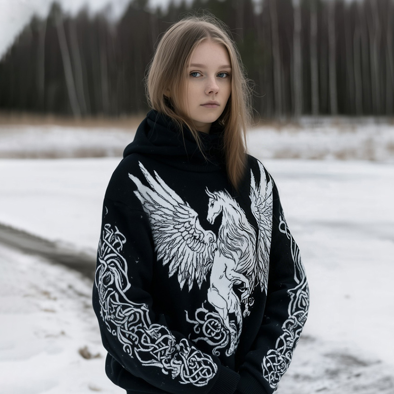 Women's Retro Celtic Knot And Pegasus Comfortable Hooded Sweater elevenforest