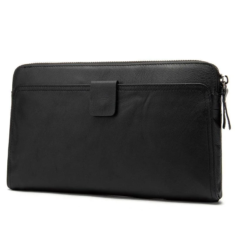 Mens Business Plain Leather Zipper Clutch Bags