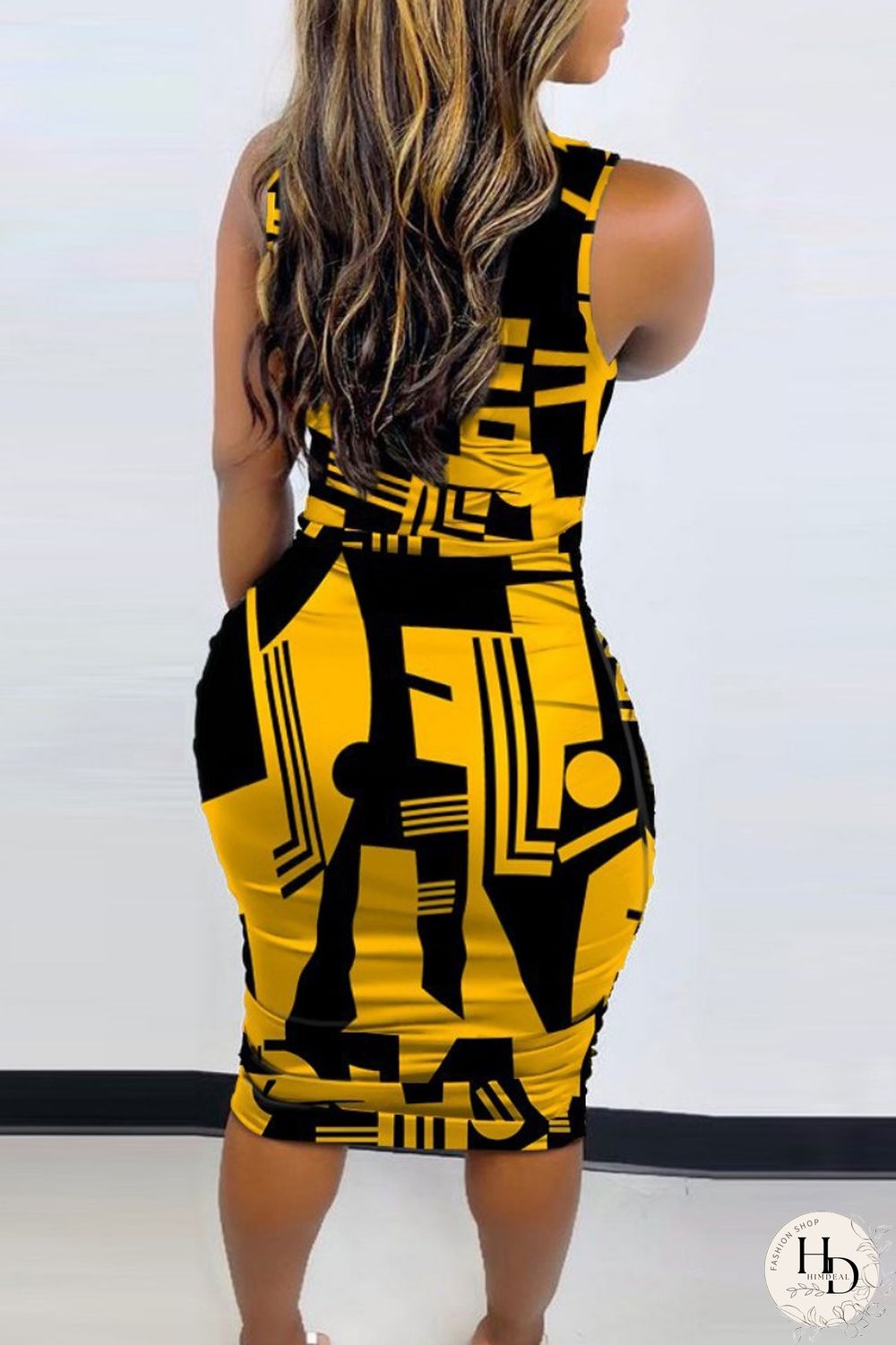 Yellow Casual Print Solid Basic O Neck Denim Dress Dresses