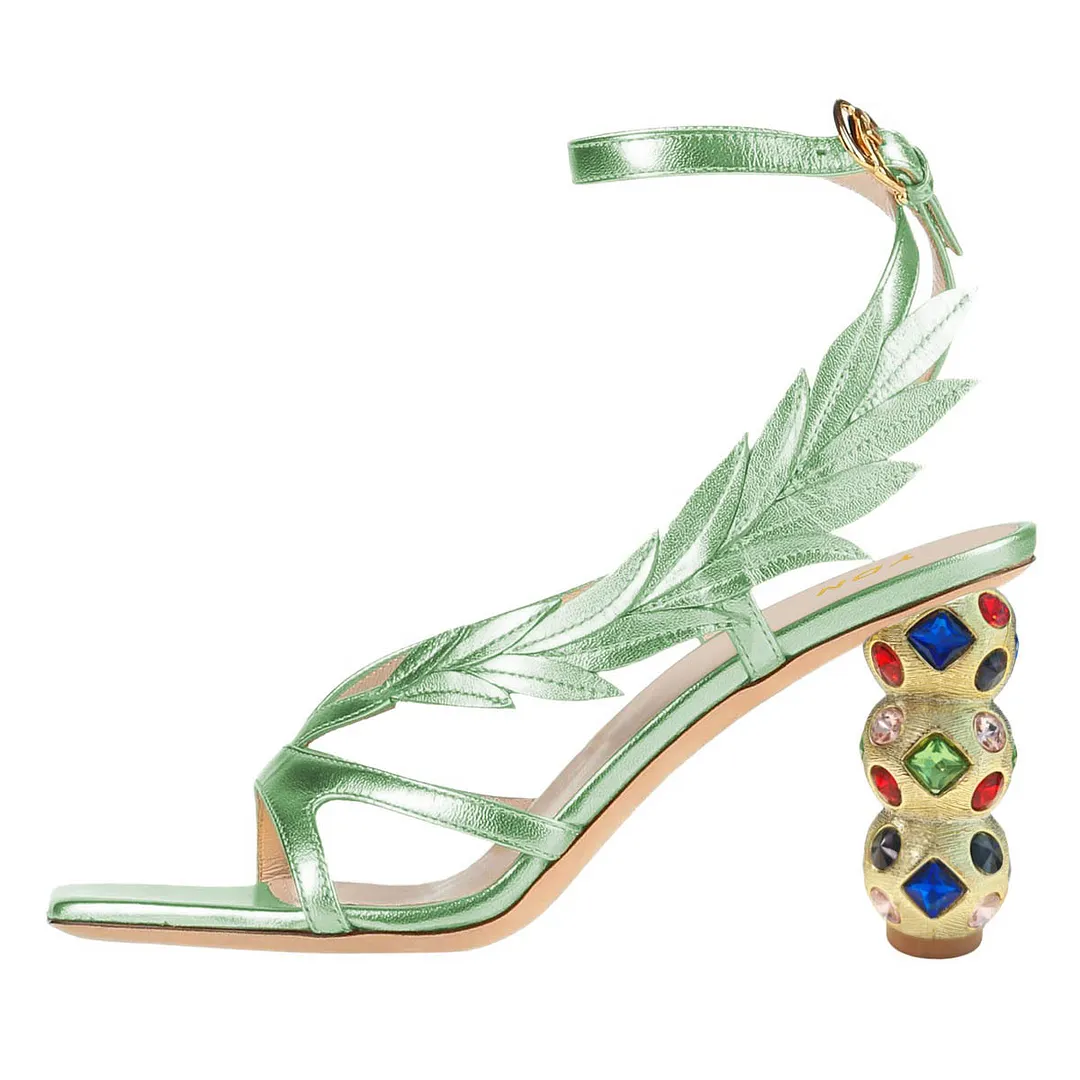 Green Square Toe Sculptural Heel Rhinestone Cross Ankle Strap Sandals
