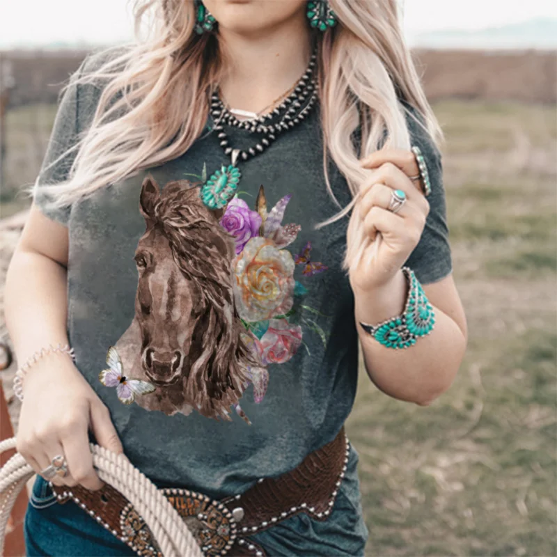 Women's Casual Flower And Horse Graphic Tees