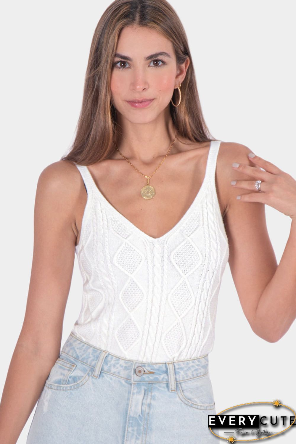 White Geometric Cable Knit Textured Tank Top