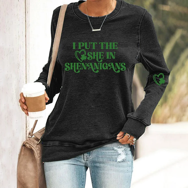 VChics St. Patrick's Day I Put The She In Shenanigan Print Casaul Sweatshirt