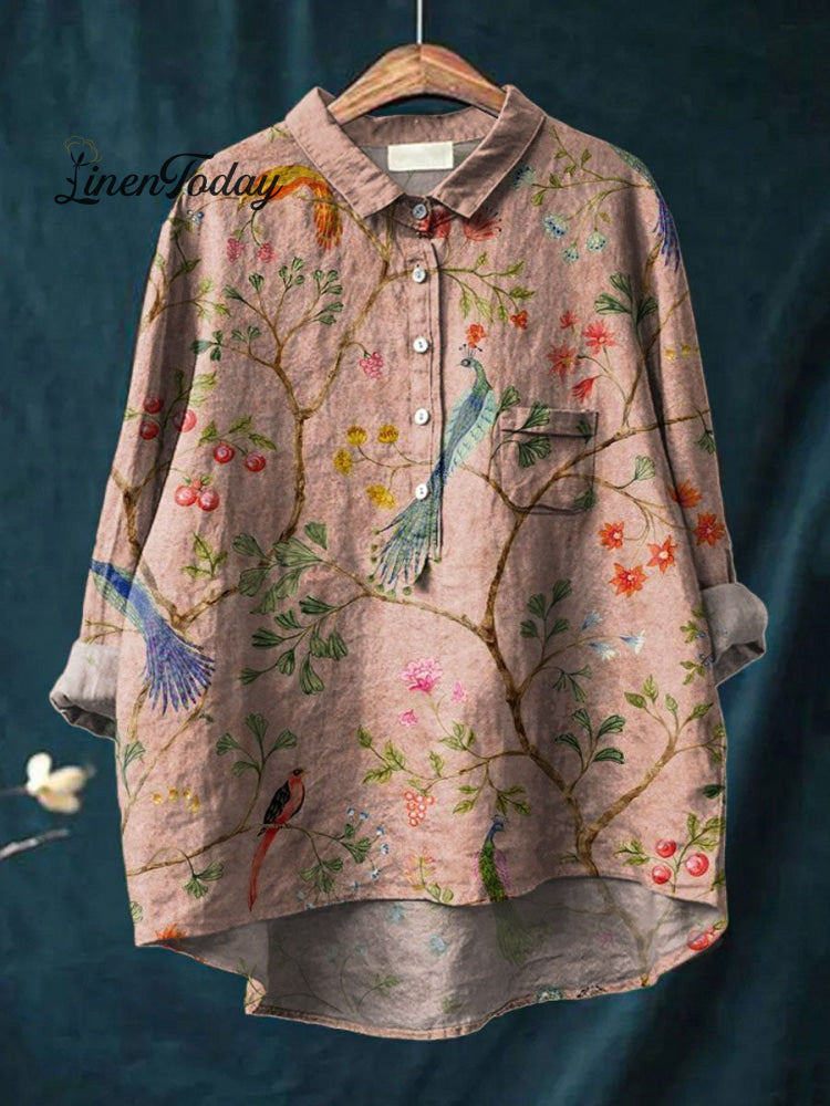 Women’s Vintage Ethnic Lovely Birds Floral Art Print Casual Cotton And Linen Shirt Multicolor / S