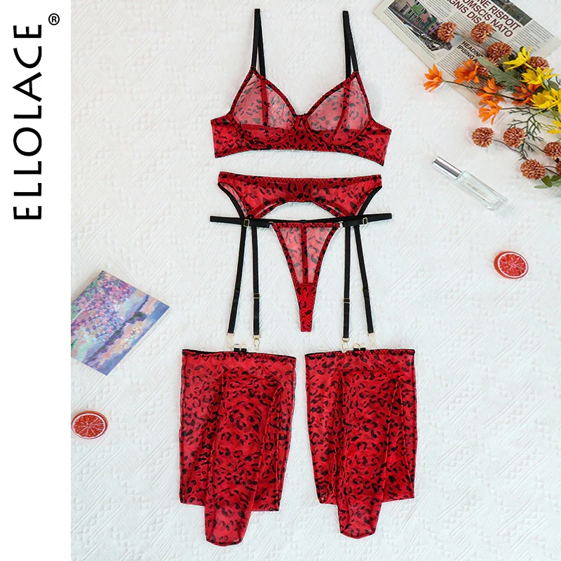 Billionm Leopard Lingerie For Women Lace Set Of Underwear With Stockings 4-Pieces Erotic Thongs Garter Fancy Matching Outfit