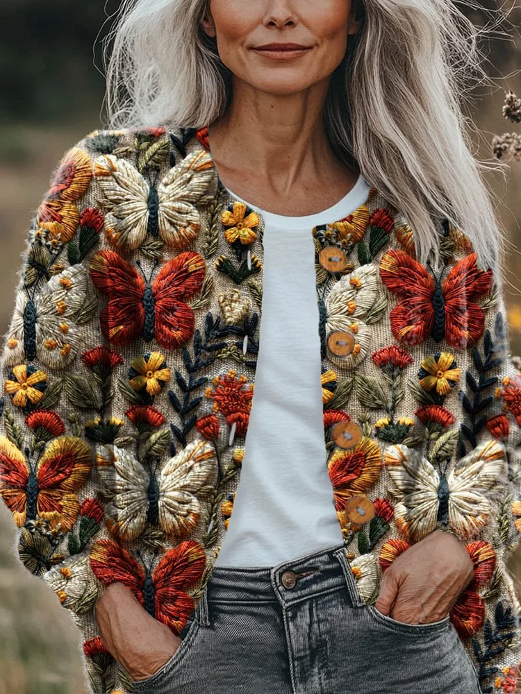 Women's Lovely Floral Butterfly Art Print Buttoned Cardigan Sweater