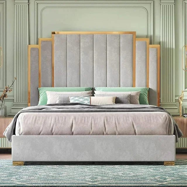 HOWE King Size Bed Frame and Headboard, Upholstered bed with Golden Plating Trim, Modern Platform Bed No Box Spring Needed, Light Grey