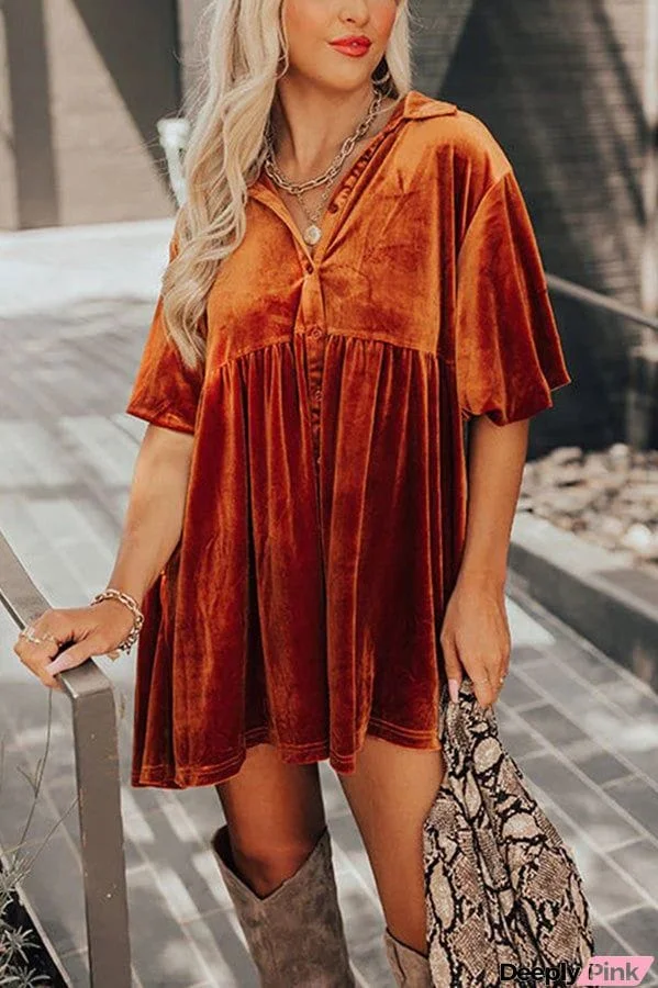 Maple Latte Velvet Button Tunic Mini Dress