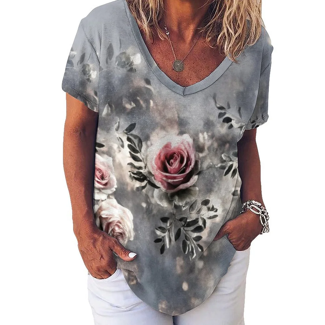 V-neck Short Sleeve Casual T-shirt for  Women Printed with Pattern Floral, Gray