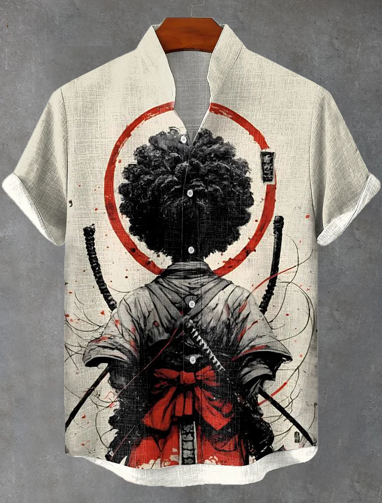 Men's Black Japanese Samurai Back Ink Painting Print Linen Blend Short Sleeve Shirt