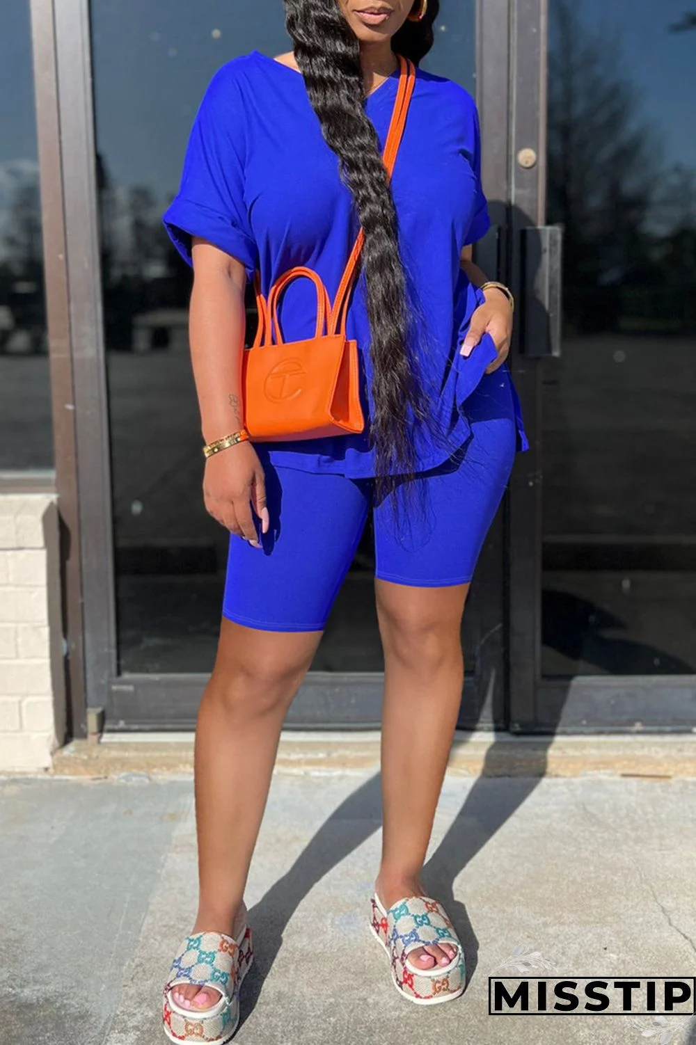 Rose Red Fashion Casual Solid Slit V Neck Short Sleeve Two Pieces