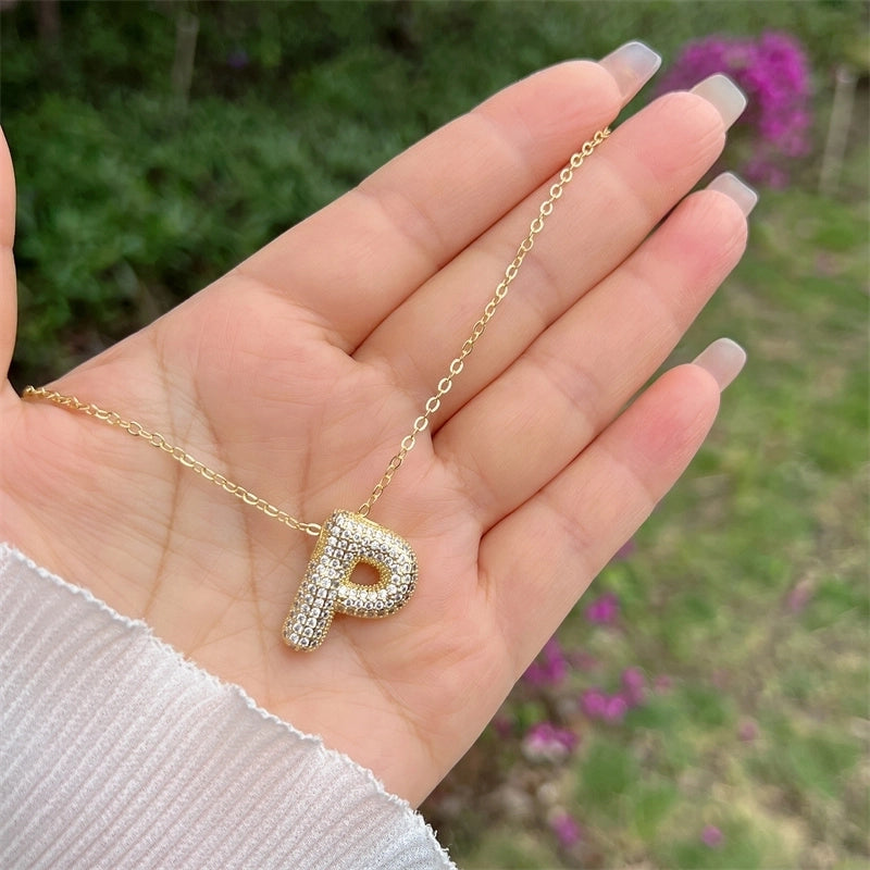 Copper 18K Gold Plated Hip-Hop Minimalist Classic Style Polishing Inlay Letter Zircon Pendant Necklace