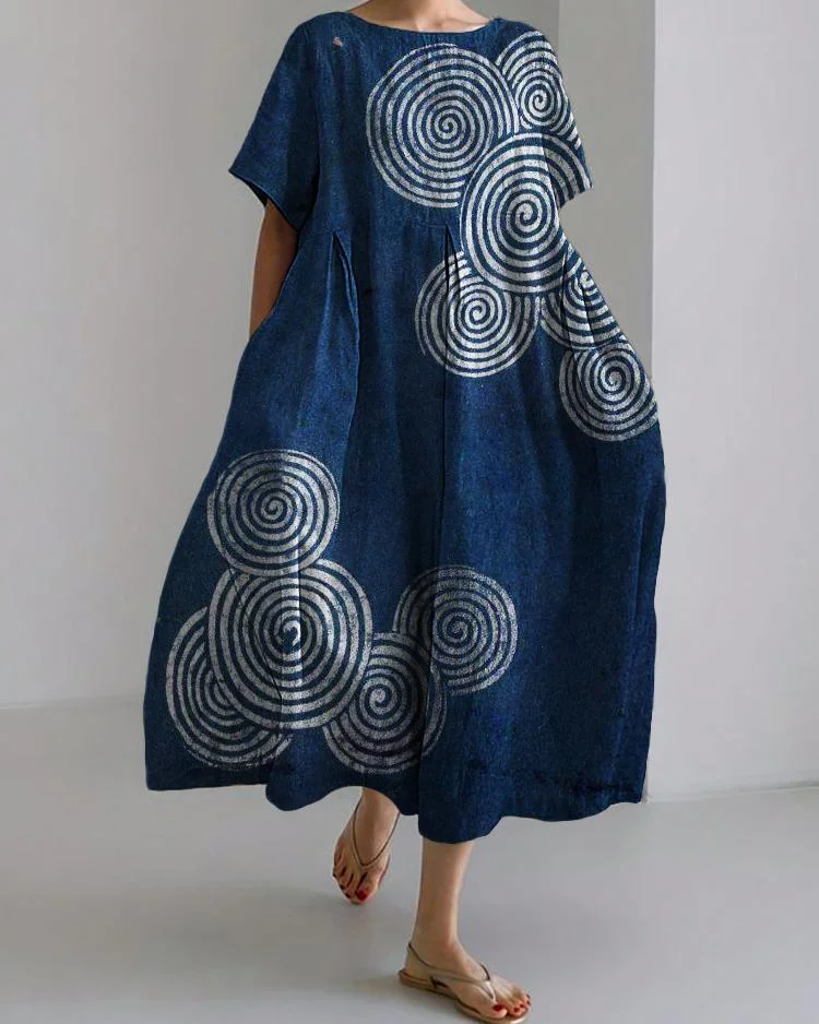 Sea Waves Ripples Japanese Lino Art Short Sleeve Midi Dress