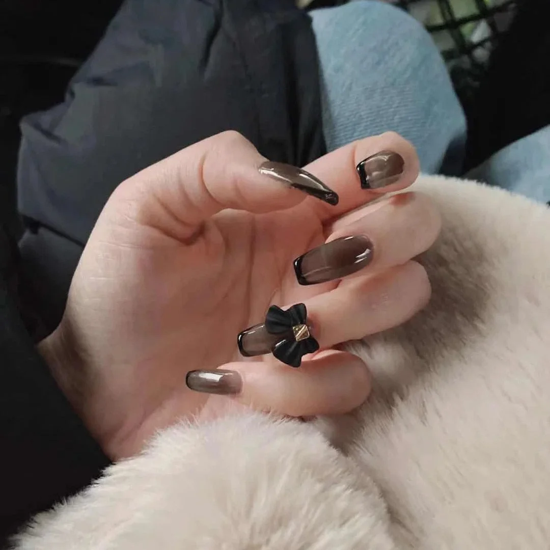 24pc Black Border Wear Long Paragraph Fashion Manicure Patch False Nail Full Cover Wearable Coffin Fake Nail Matte Ballerina Art-Nail Inspo