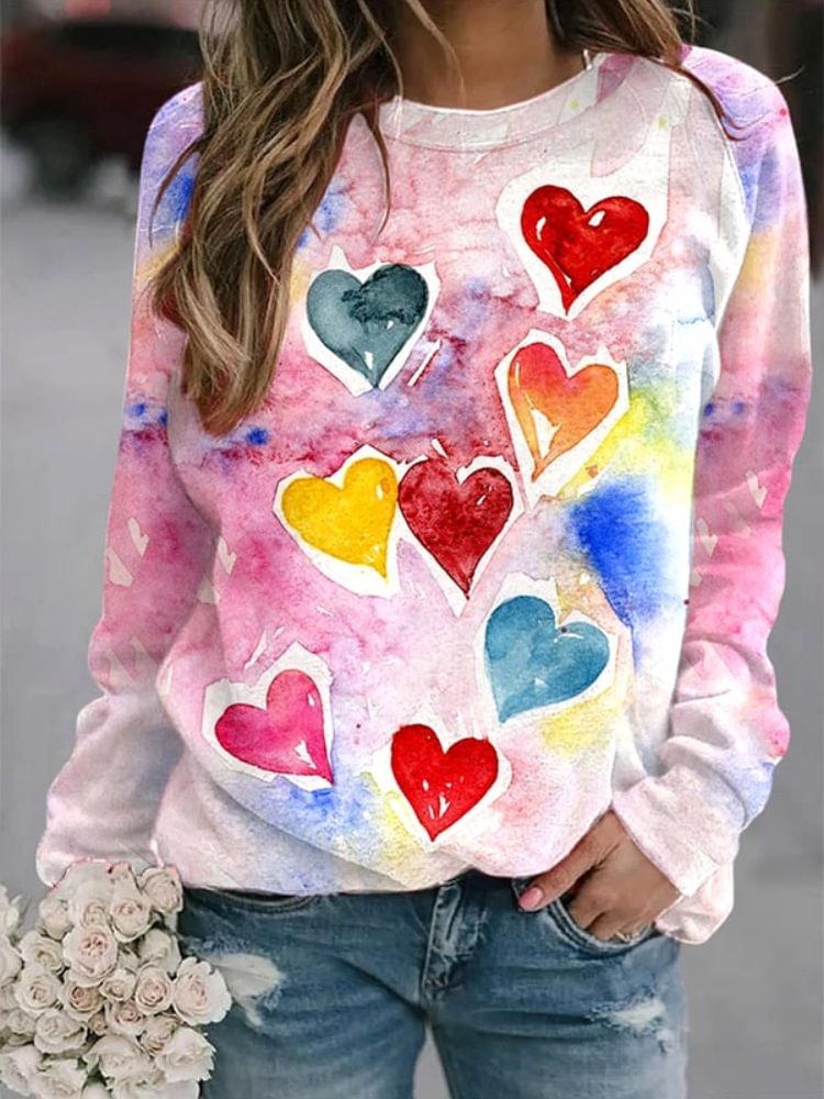 Comstylish Valentine's Day Watercolor Heart Print Sweatshirt
