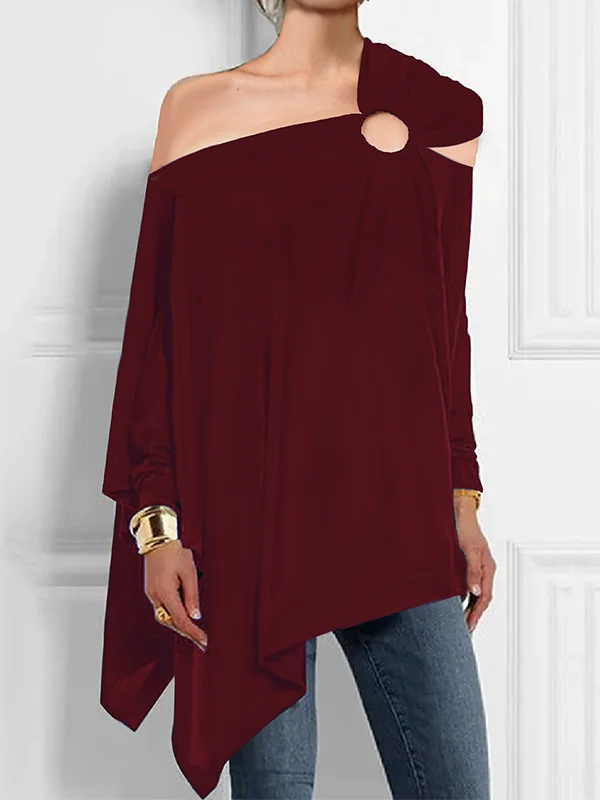 Long Sleeves Loose Asymmetric Hollow Solid Color Asymmetric Collar T-Shirts Tops