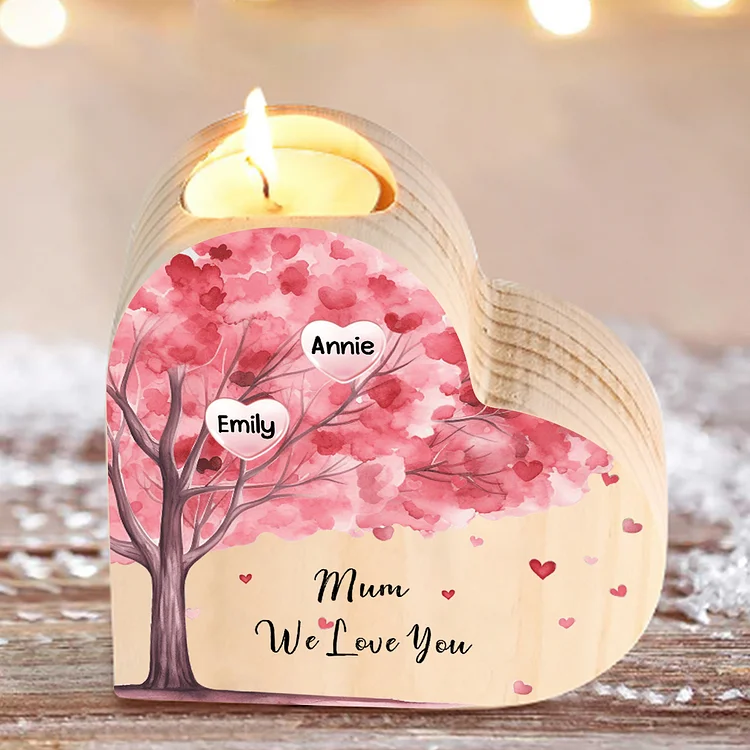 2 Names-Personalized Pink Heart Tree Heart-Shape Candlestick Set With Gift Box Custom Text  Mother's Day Gift Wooden Custom Candle Holder For Family