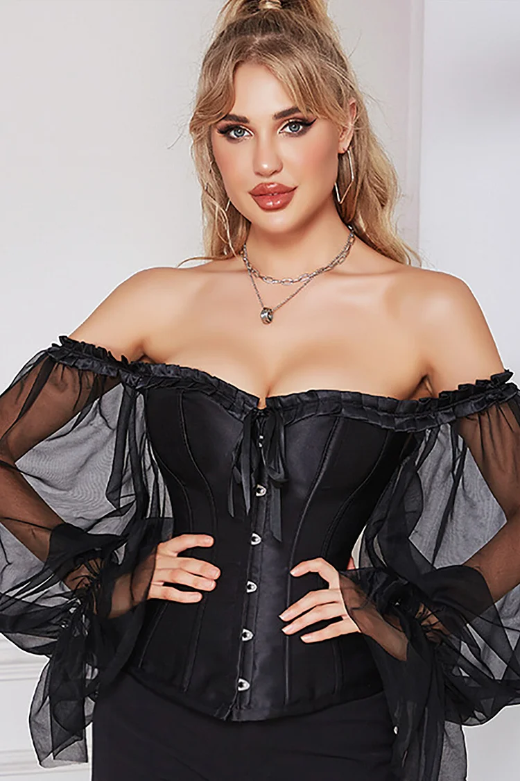 Tulle Patchwork Balloon Sleeve Off Shoulder Strapless Corset-Black