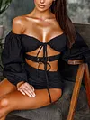 Sexy Bandeau Hollow Bandage Long Sleeves Shirts+ Split-Side Pleated Skirt Two Pieces Set