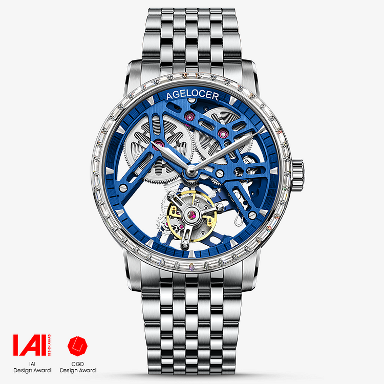 Agelocer Free-Sprung Tourbillon Men's Hollow Mechanical Watch - Blue Steel Strap Diamond Watch