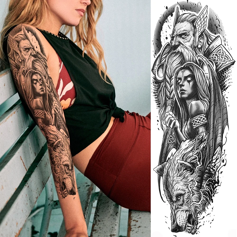 Sdrawing Totem Tattoo Arm Sleeve For Men Women Adult Realistic Fake Skeleton King Temporary Tattoo Evil Eye Demon Death Skull Tatoo