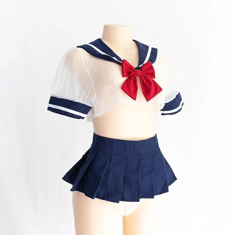 Sexy Student Sailor with Blue and Pink color uniform Kwaii Strawberry Print transparent Lolita Bra Panty Underwear Sleepwear
