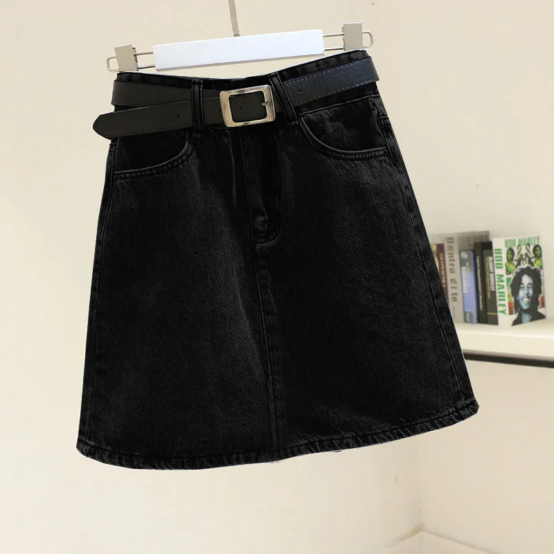 Ailegogo 2021 New Spring Summer Women Blue Denim Skirt Casual Female High Waist A-line Mini Jeans Black Skirts with Belt