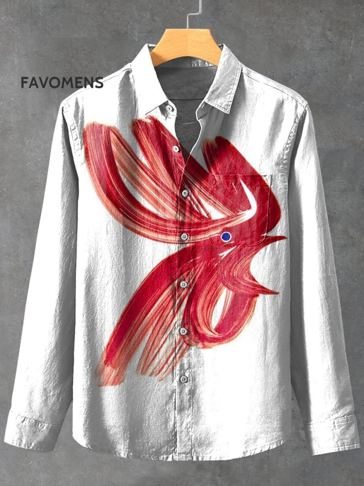 Doodle Style Red Rooster Decorative Pattern 100% Cotton Long Sleeve Shirt Multicolor / S