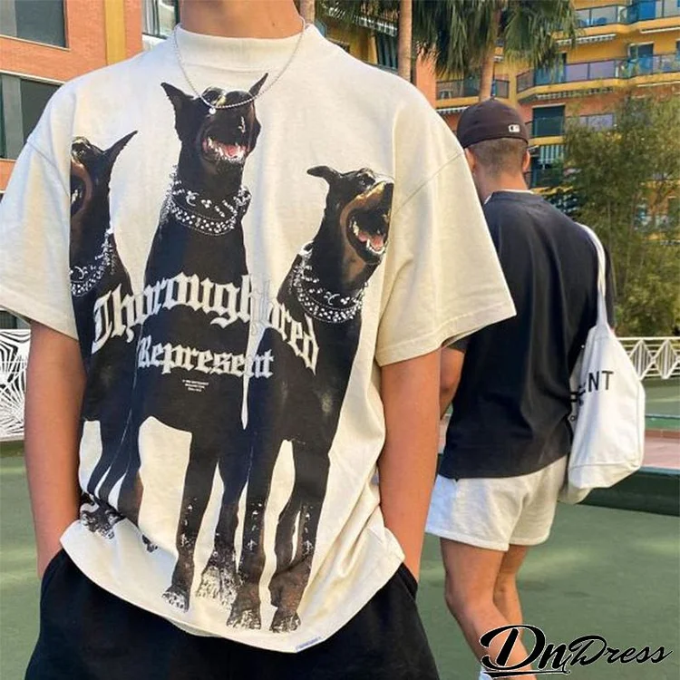 Crew Neck Men Summer Alphabet Dog Print Short Sleeve T-Shirt Street Casual Top