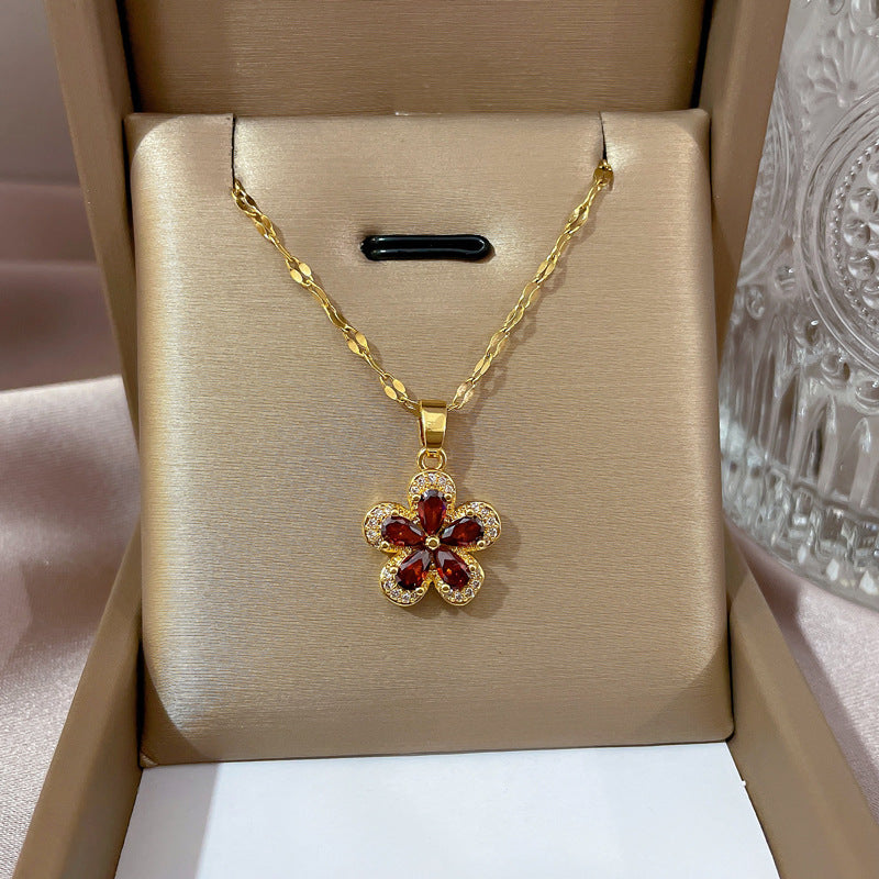 Pomegranate Red Five-Leaf Flower Gorgeous Full Diamond Necklace Female Versatile Clavicle Chain Titanium Steel Chain