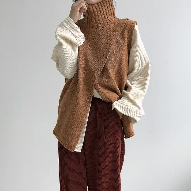 Cross Design Turtleneck Knitted Sweater Vest