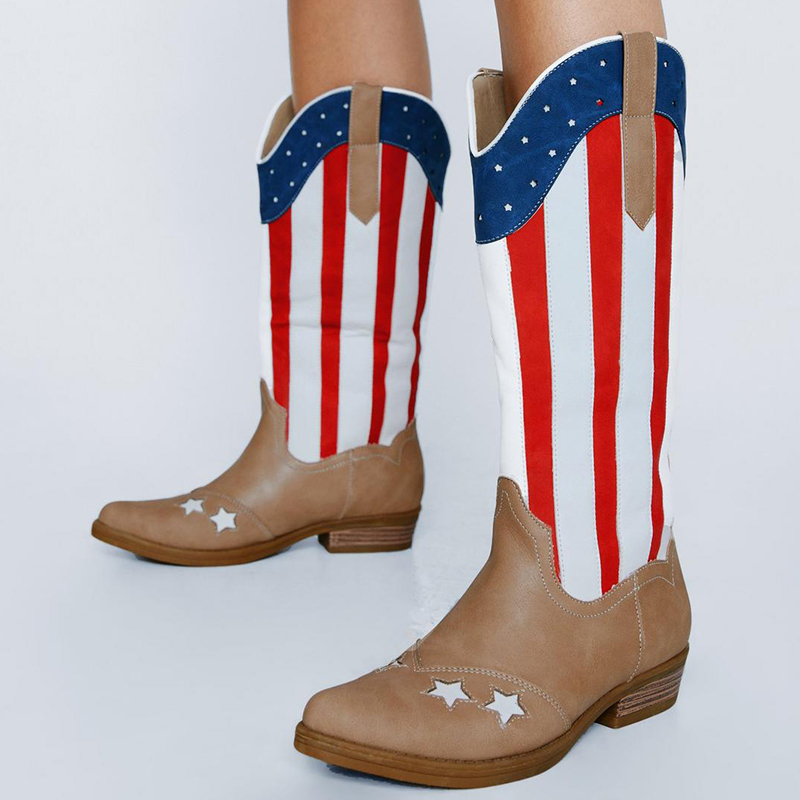 Multicolor American Flag Striped Mid-Calf Flat Cowgirl Boots