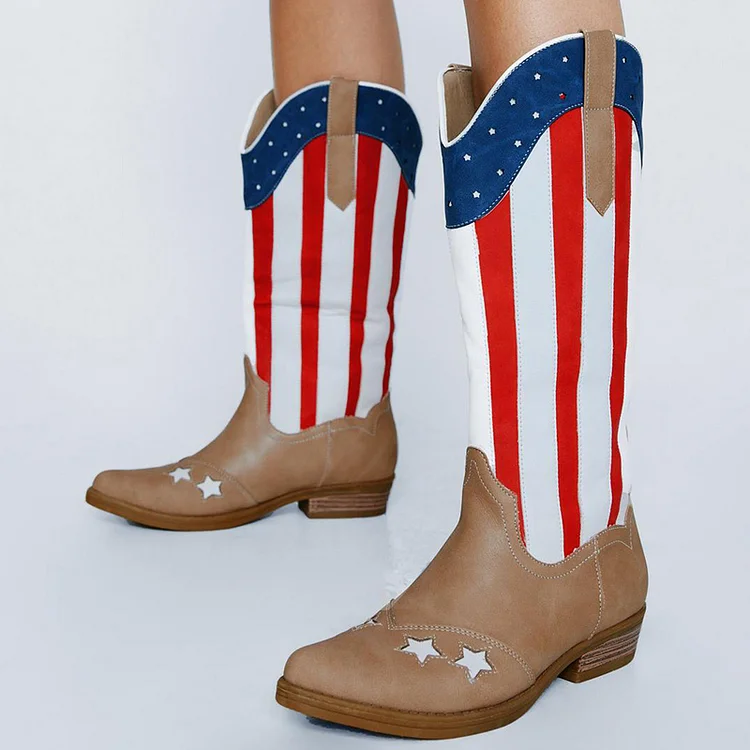 Multicolor Slip-On Cowgirl Boots with Block Heels and Star Design |FSJ Shoes